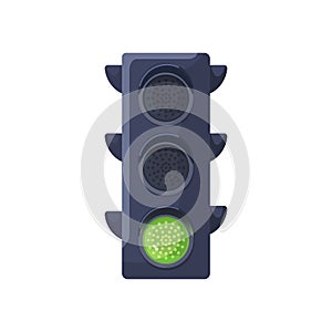 Green color signal on traffic light, allowing driving and going. Led lamp on street semaphore. Stoplight for road rules