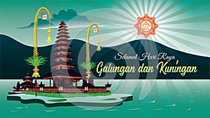 Green Color Ulun Danu Temple, Scenery Of Balinese Hindu Holiday, Greeting Card Selamat Galungan Dan Kuningan Means Happy Galungan