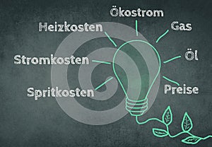 Green colored light bulb with a plant cable, words like fuel costs, electricity, oil price are standing in german language