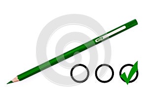 Green Colored Pencil And Checkboxes - Isolated On White Background photo