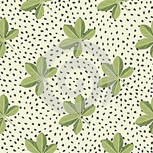 Green colored scheffler flowers ornament seamless doodle pattern. White dotted background. Simple style