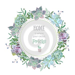 Green colorful succulent Echeveria vector design round card.