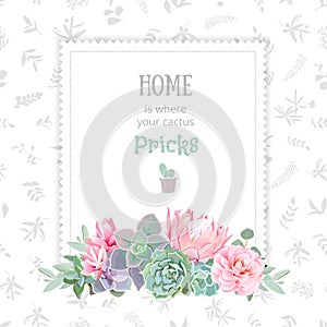 Green colorful succulents vector design square frame.