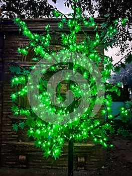 green colour led light decorated in a tree