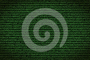 Green complicated crypto symbols on black, data encryption binary code concept