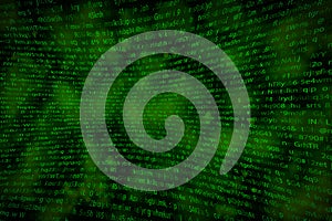 Green complicated crypto symbols on black, data encryption binary code concept