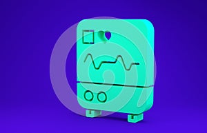 Green Computer monitor with cardiogram icon isolated on blue background. Monitoring icon. ECG monitor with heart beat