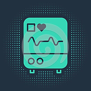Green Computer monitor with cardiogram icon isolated on blue background. Monitoring icon. ECG monitor with heart beat