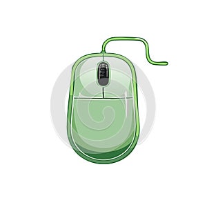 Green computer mouse illustration, close up view, isolated on white