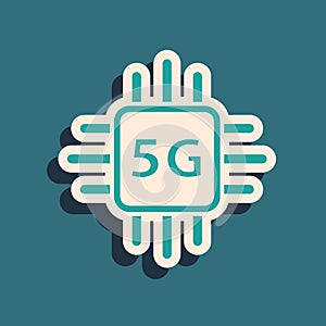 Green Computer processor 5G with microcircuits CPU icon isolated on green background. Chip or cpu with circuit board