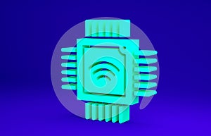 Green Computer processor with microcircuits CPU icon isolated on blue background. Chip or cpu with circuit board. Micro
