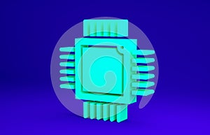 Green Computer processor with microcircuits CPU icon isolated on blue background. Chip or cpu with circuit board. Micro