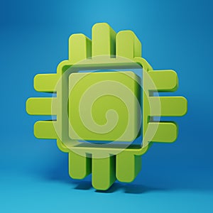 Green Computer processor with microcircuits CPU icon isolated on blue background. Chip or cpu with circuit board. Micro