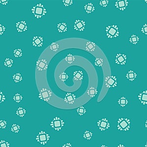 Green Computer processor with microcircuits CPU icon isolated seamless pattern on green background. Chip or cpu with