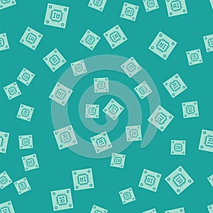 Green Computer processor with microcircuits CPU icon isolated seamless pattern on green background. Chip or cpu with