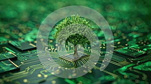Green computing depicted as a tree sprouting at the convergence of a computer circuit board, Ai Generated