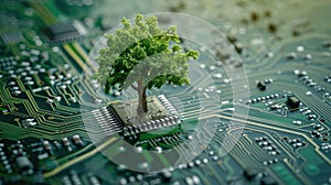 Green computing depicted as a tree sprouting at the convergence of a computer circuit board, Ai Generated