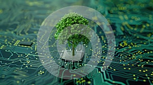 Green computing depicted as a tree sprouting at the convergence of a computer circuit board, Ai Generated