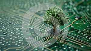 Green computing depicted as a tree sprouting at the convergence of a computer circuit board, Ai Generated