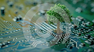 Green computing depicted as a tree sprouting at the convergence of a computer circuit board, Ai Generated
