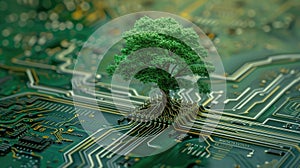 Green computing depicted as a tree sprouting at the convergence of a computer circuit board, Ai Generated