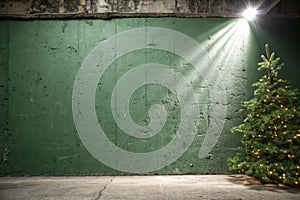 Green concrete wall with light shining down