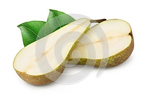 Green conference pear half isolated on white background with full depth of field