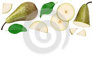 Green conference pear isolated on white background. Top view with copy space for your text. Flat lay