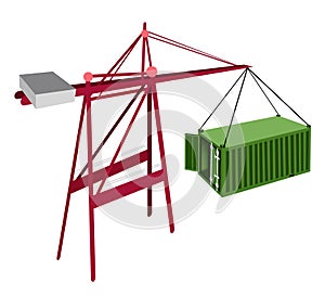 Green Container Being Hoisted By A Crane.