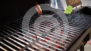 Green cooking brush apply oil on hot smoking grill, producing high strong fire flames.