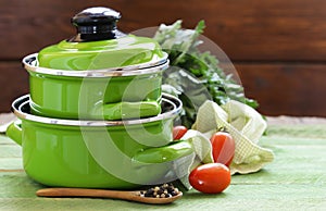 Green cooking pot and ingredients for soup or stew