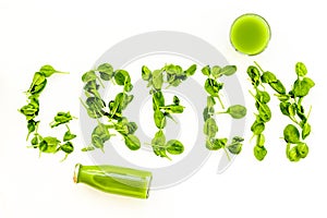 Green copy for greeny smoothy composition with vegetables on white background top view mockup