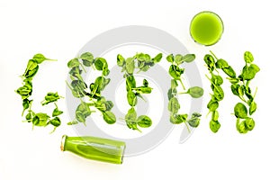 Green copy for greeny smoothy composition with vegetables on white background top view mockup photo