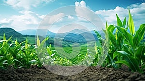 Green corn field with blue sky and mountain background