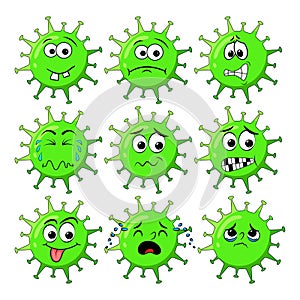 Green corona virus character with sad expression face. Coronavirus vector illustration with facial expression big set isolated on