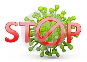 Green coronavirus and red stop sign. The concept of stopping a pandemie around the world