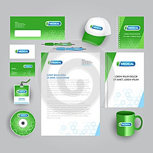 Green corporate identity template with medical logo. Medical company stationery template.Vector company style for brandbook.