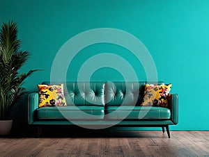 A green couch sitting in front of a blue wall next to a plant