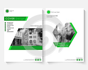 Green cover design template for annual report. Modern business concept booklet. Magazine brochure with text. Catalog