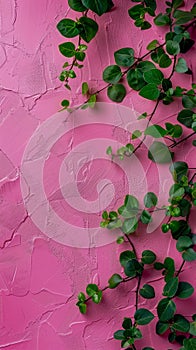 Green Creeper Plant on Vibrant Pink Textured Background for Fresh Botanical Wallpaper Concept