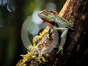 Green crested lizard on a tree trunk eat eating a large prey Cicada insect