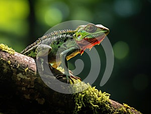 Green crested lizard on a tree trunk eat eating a large prey Cicada insect