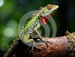 Green crested lizard on a tree trunk eat eating a large prey Cicada insect