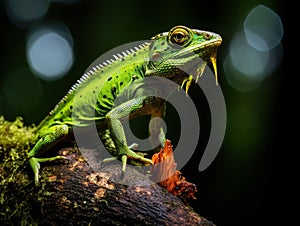 Green crested lizard on a tree trunk eat eating a large prey Cicada insect