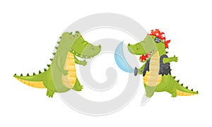 Green Crocodile or Gator Character Running and Playing Pirate Vector Set