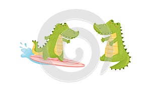 Green Crocodile or Gator Character Surfboarding on Moving Wave and Sitting Vector Set