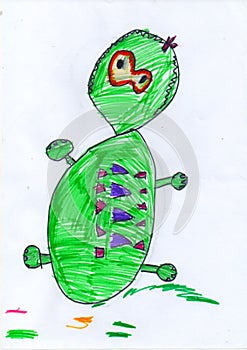 Green crocodile with red eyes, childs drawing