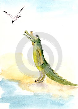 Green crocodile waving after a flying seagull on a white background