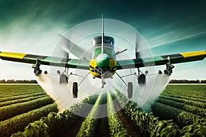 Green crop duster airplane aerially applies pesticide spraying on field. Crop Dusting. generative AI