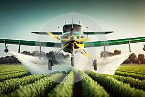 Green crop duster airplane aerially applies pesticide spraying on field , Generative AI